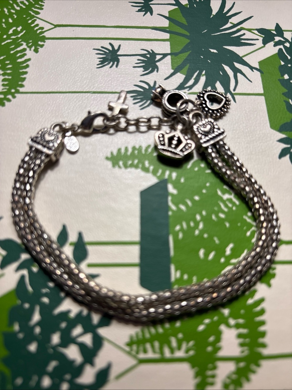 Source Unknown Silver Multi-Strand Crown & Heart Charm Bracelet
